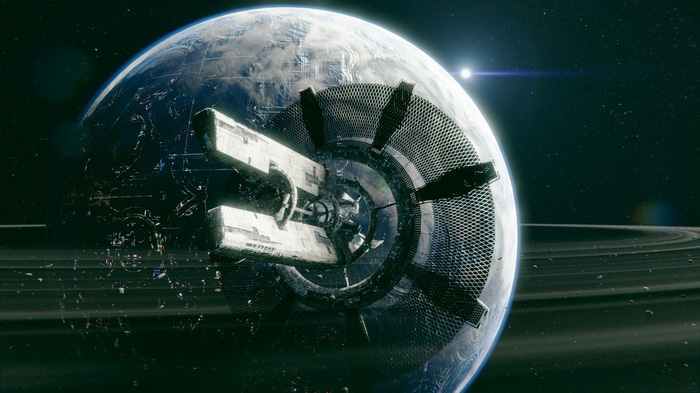 Science fiction space station orbiting a ringed planet