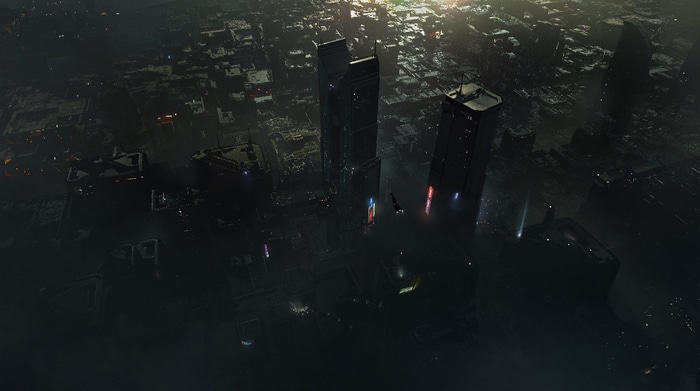 Futuristic cityscape with tall buildings and flying vehicles
