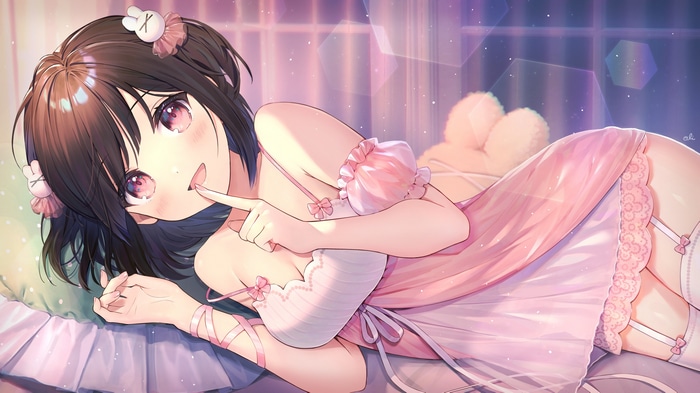 Anime girl with pink eyes in a pink nightgown