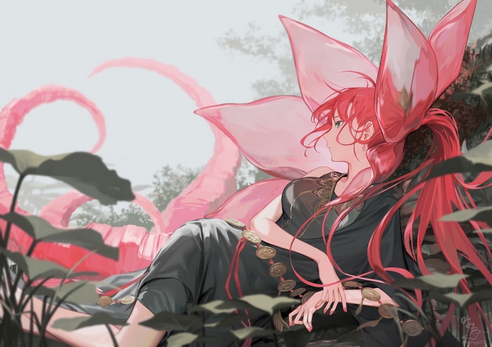 Shi Niao with Ponytail and Pink Flower