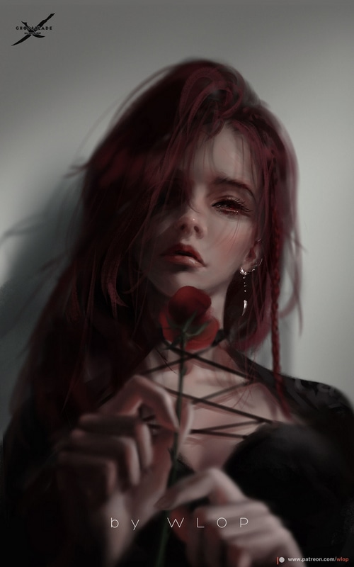 Digital painting of a woman holding a rose by WLOP