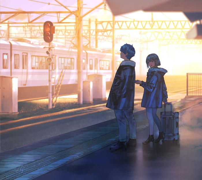 Anime couple waiting at a train station at sunset