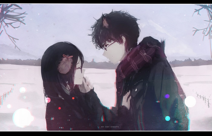 Anime couple in a snowy landscape