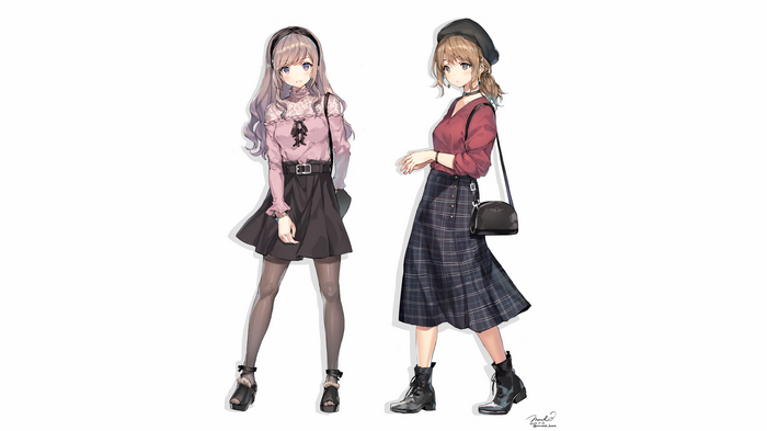 Two anime girls in fashionable outfits standing