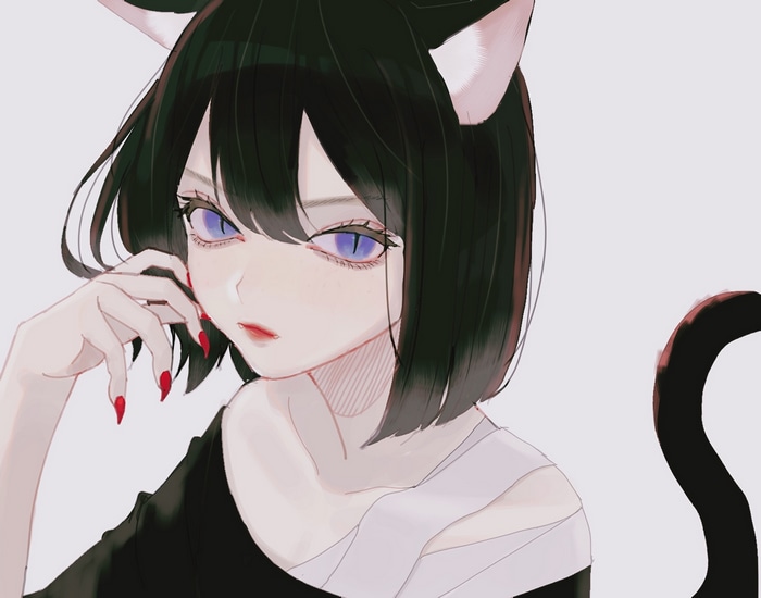 Cat girl with purple eyes and black hair