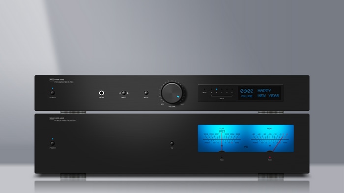Black audio pre-amplifier and power amplifier