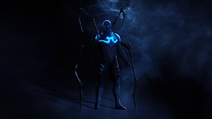 Blue Beetle with spider-like appendages