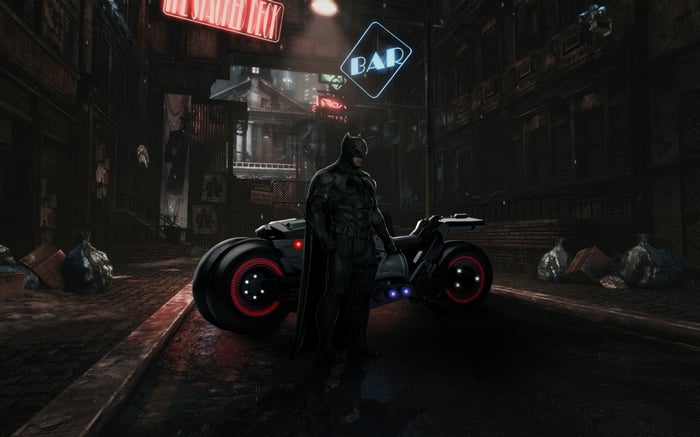 Batman and his Batcycle in a dark alley
