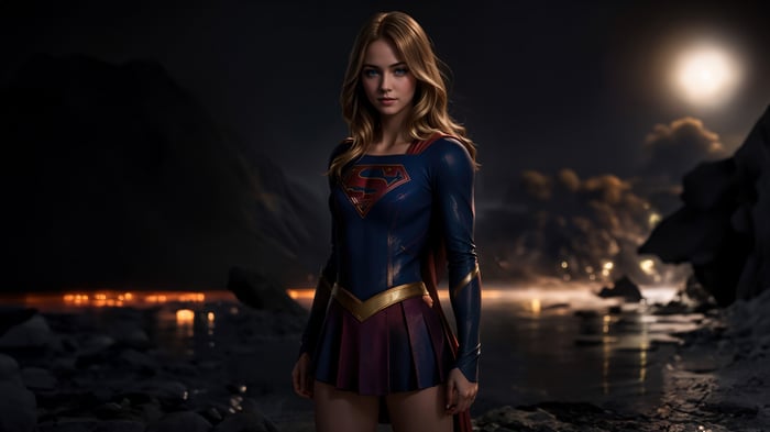 Supergirl standing in a dark, rocky landscape at night