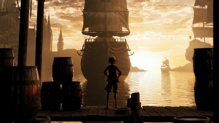 Monkey D. Luffy in front of a large ship