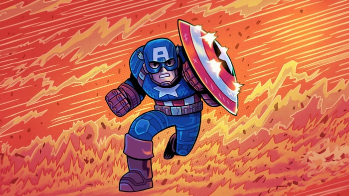Captain America running with his shield
