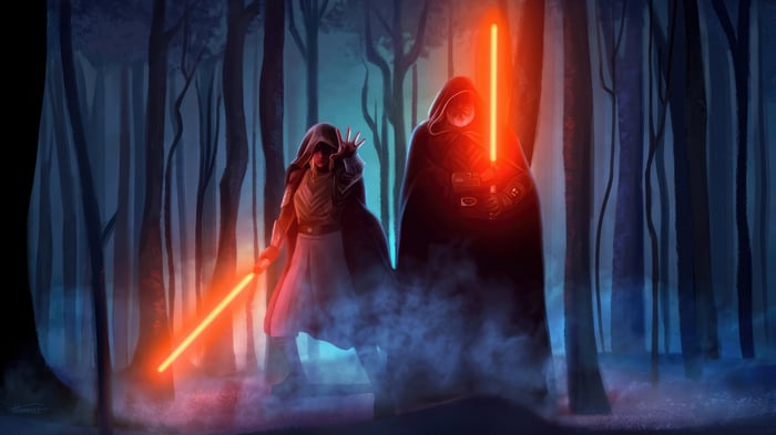 Two Sith Lords with lightsabers in a forest
