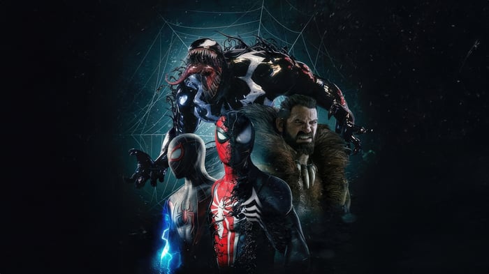 Marvel's Spider-Man 2 Poster with Venom, Kraven, Peter, and Miles