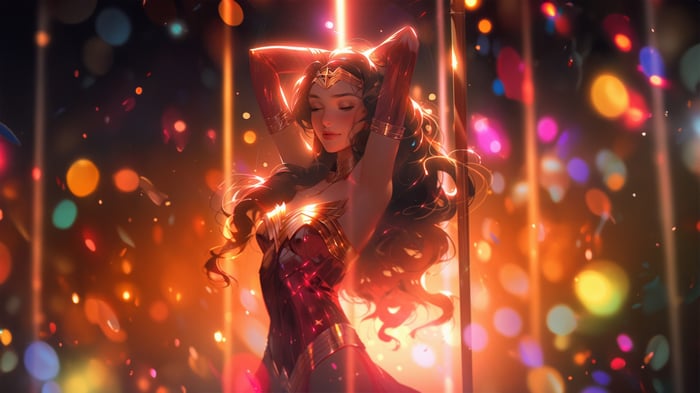 Wonder Woman Posing with Lights and Confetti