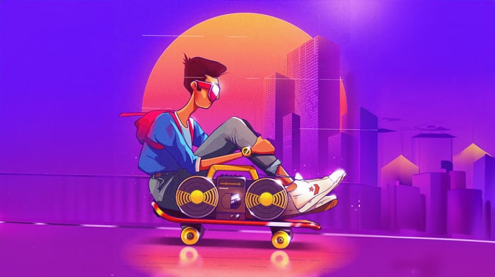 Skater with Boombox on Skateboard in Cityscape