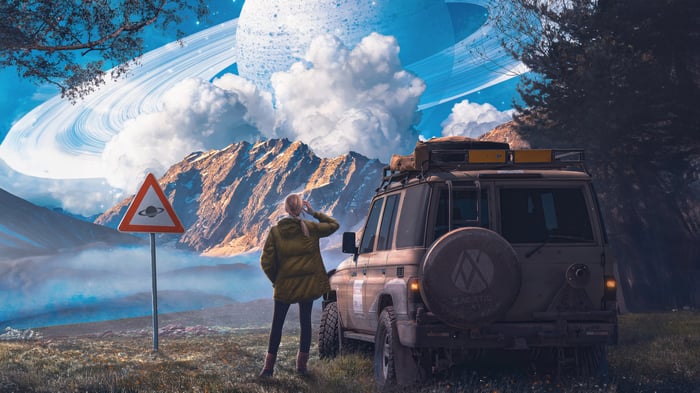 Girl Looking at Saturn with Off-Road Vehicle