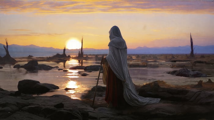 Figure in a hooded robe by the water at sunset