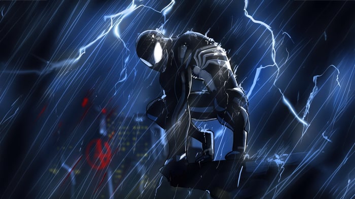 Spider-Man in Black Suit During Lightning Storm