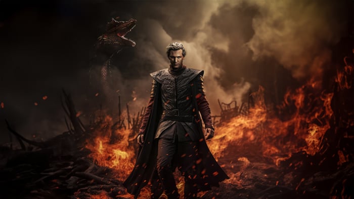 Man in armor with dragon and fire