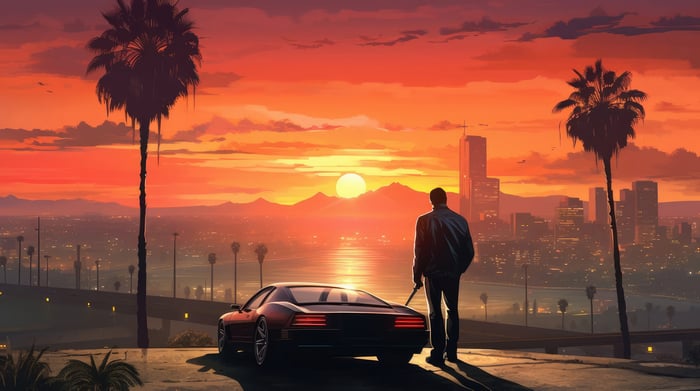 Man and car overlooking city at sunset