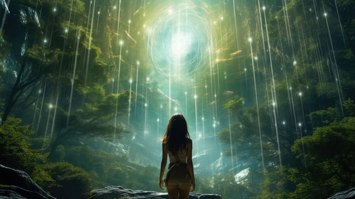 Woman in a mystical forest with glowing lights