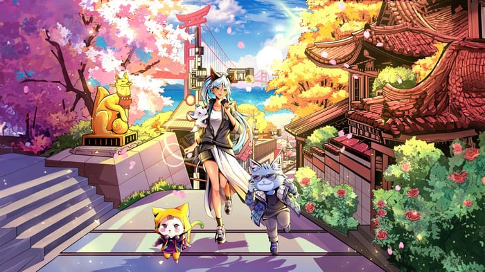 Anime characters in a Japanese town with cherry blossoms