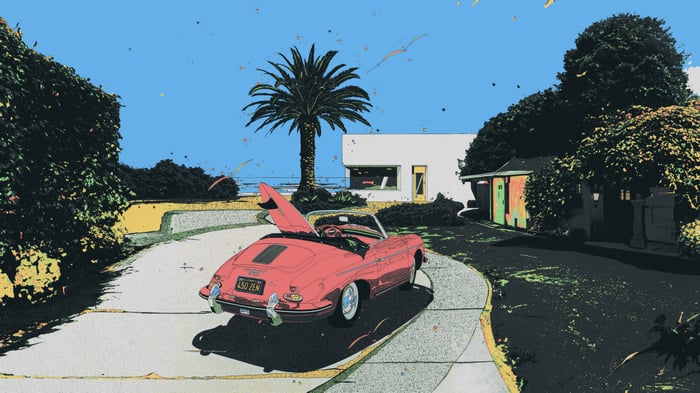 Red Cabriolet Car with Palm Tree and Modern House