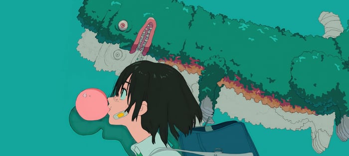 Anime girl with bubblegum and a green creature