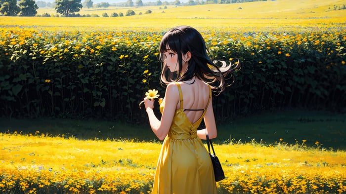 Anime Girl in Yellow Dress in Flower Field