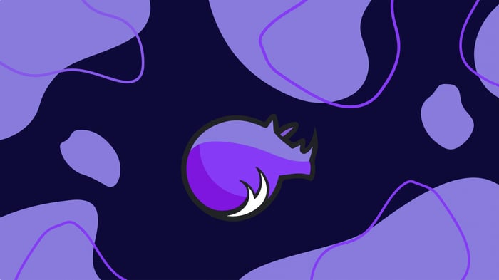Rhino Linux Logo with Abstract Purple Shapes