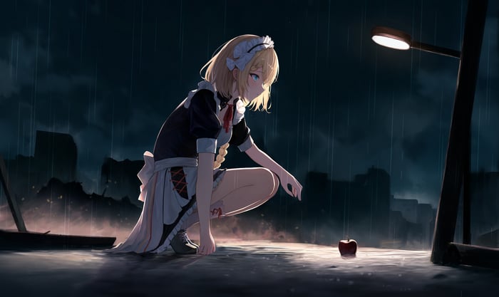 Anime Maid Girl Crouching in the Rain