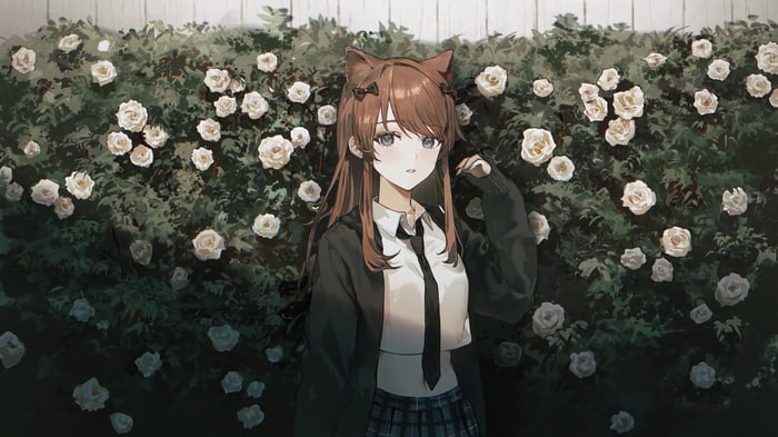 Anime Schoolgirl with Cat Ears in a Rose Garden