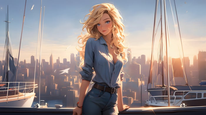 Anime Girl Poses Near Boats with City Skyline