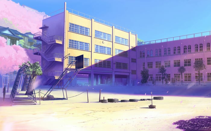 Anime schoolyard with cherry blossoms and playground