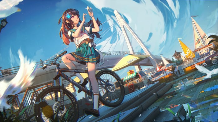 Anime girl on a bicycle by the water