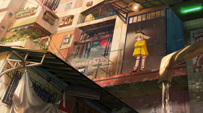Anime girl in yellow coat on a city balcony