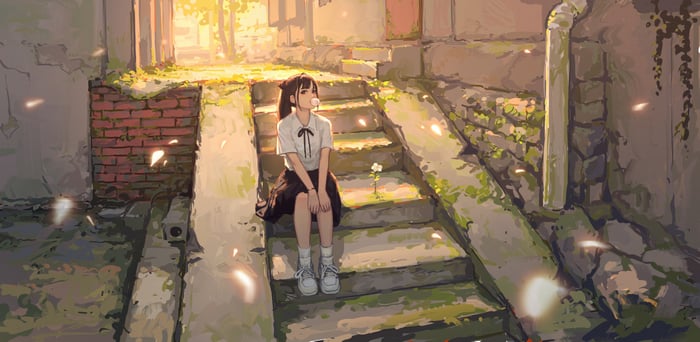 Girl Blowing Bubbles in a Mossy Alley