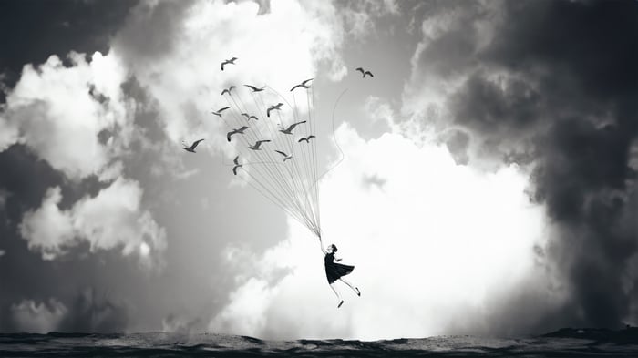Girl lifted by birds in a cloudy sky
