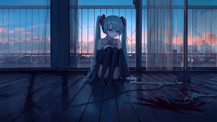 Sad Hatsune Miku Sitting by Broken Window