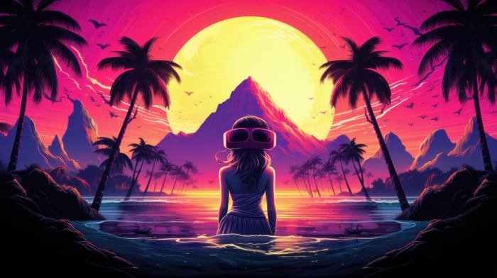 Retro Sunrise with a Girl in VR Goggles