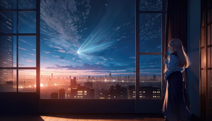 Girl Watching Cityscape with Light Beam in Sky