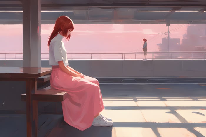 Girl sitting on a bench on a railway platform