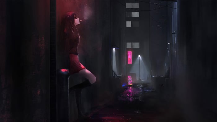 Anime girl smoking in a dark, neon-lit alley