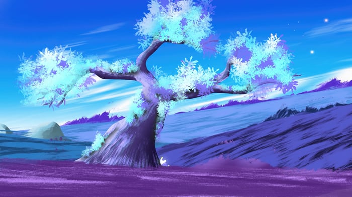 A fantasy tree with glowing leaves under a blue sky