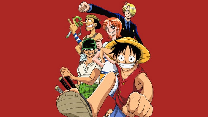 One Piece characters on a red background