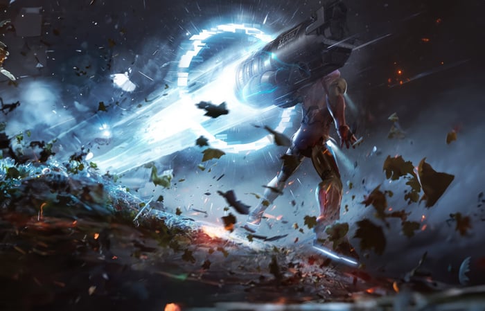 Iron Man fires a Proton Cannon through a portal