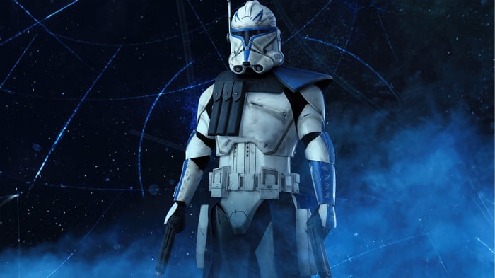 Captain Rex from Star Wars holding blasters