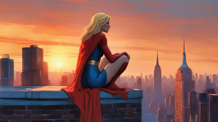 Supergirl sitting on a building top at sunset
