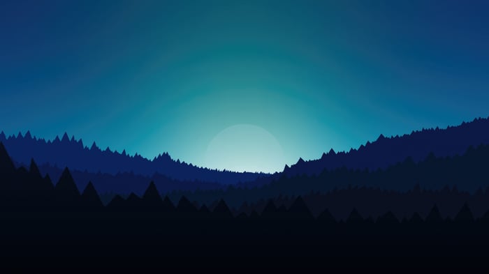Minimalist forest landscape with a large sun behind mountains