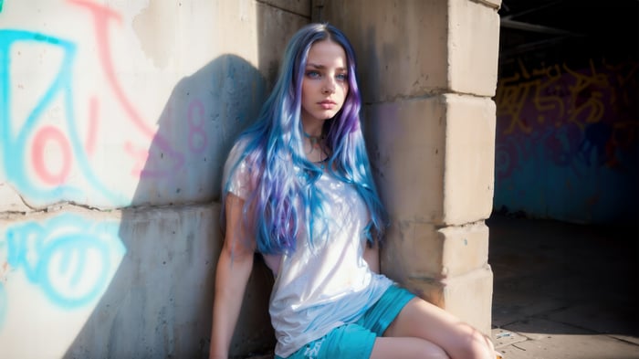 Young woman with blue and purple hair sitting by graffiti wall